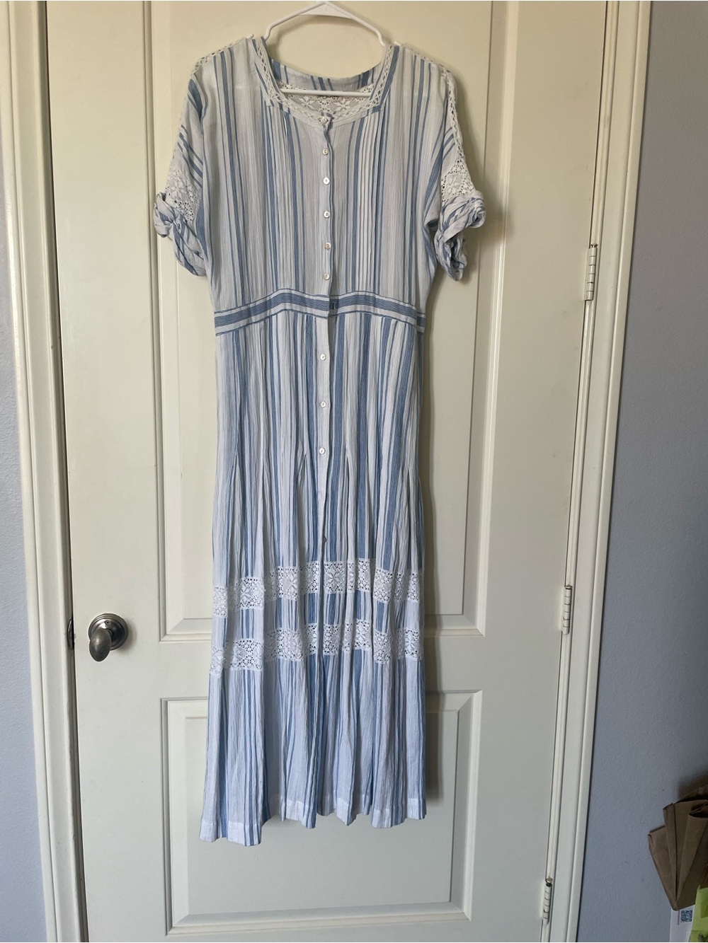 Live Shack Fancy Light Blue Striped Button-Front Maxi Dress with Lace Trim